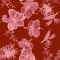 Pink Hibiscus Texture. Scarlet Flower Foliage. Red Seamless Decor. Coral Watercolor Jungle. Pattern Texture. Tropical Design. Exot Royalty Free Stock Photo