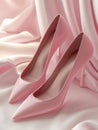 Pink high heel shoes on light pink silk background.