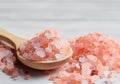 Pink himalaya salt in wooden spoon