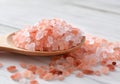 Pink himalaya salt in wooden spoon