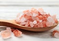 Pink himalaya salt in wooden spoon