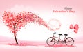 A Pink Holiday Valentine`s Day background. Bicycle with a red ballons and tree with heart-shaped leaves