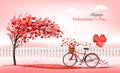 A Pink Holiday Valentine`s Day background. Tree with heart-shaped leaves and bike