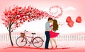 Pink Holiday Valentine`s Day background. Tree with heart-shaped leaves and couple Royalty Free Stock Photo