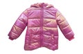 Pink hooded warm sport puffer jacket isolated over white background. Blank template down jacket with zipped isolated. Winter