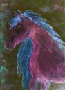 Pink horse with blue manes on a green background.