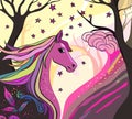 Pink horse with colorful mane in magical forest. Fairy-tale character Royalty Free Stock Photo