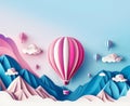 Pink hot air balloon in the blue sky over the mountains. paper style. copy space.