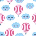 Pink hot air balloons with smiling sleeping clouds seamless pattern. Royalty Free Stock Photo