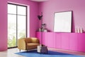 Pink hotel living room interior with relax zone and decoration, mockup frame