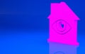 Pink House with eye scan icon isolated on blue background. Scanning eye. Security check symbol. Cyber eye sign Royalty Free Stock Photo