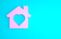 Pink House with heart inside icon isolated on blue background. Love home symbol. Family, real estate and realty