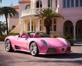 pink house with a pink sportcar in front of it.