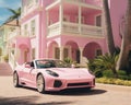 pink house with a pink sportcar in front of it.