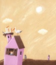 Pink house with storks nest on the roof Royalty Free Stock Photo