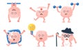 Pink Human Brain Characters in Different Situations, Funny Cartoon Emoticons Vector Illustration