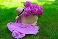 Pink hydrangea flowers in a wicker women`s summer bag and a sun hat on lush green grass. Royalty Free Stock Photo