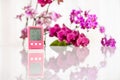Pink hygrometer on white table with orchids on the background Royalty Free Stock Photo