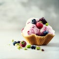 Pink ice cream with berries, strawberries, blueberries, raspberries, pistachios in waffle basket. Summer food concept Royalty Free Stock Photo