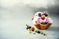 Pink ice cream with berries, strawberries, blueberries, raspberries, pistachios in waffle basket. Summer food concept Royalty Free Stock Photo