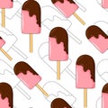 Pink ice cream with chocolate on the background of ice cream contours. Hand drawing in cartoon style. Vector illustration