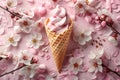 Pink ice cream in cone on background of apple, cherry or apricot flowers. Generative AI Royalty Free Stock Photo