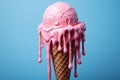 Pink ice cream cone in the process of melting against a serene blue background, evoking a sense of summery nostalgia. Ai generated