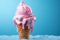 Pink ice cream cone in the process of melting against a serene blue background, evoking a sense of summery nostalgia. Ai generated