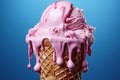 Pink ice cream cone in the process of melting against a serene blue background, evoking a sense of summery nostalgia. Ai generated