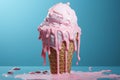 Pink ice cream cone in the process of melting against a serene blue background, evoking a sense of summery nostalgia. Ai generated