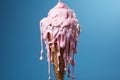 Pink ice cream cone in the process of melting against a serene blue background, evoking a sense of summery nostalgia. Ai generated