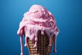 Pink ice cream cone in the process of melting against a serene blue background, evoking a sense of summery nostalgia. Ai generated