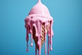 Pink ice cream cone in the process of melting against a serene blue background, evoking a sense of summery nostalgia. Ai generated