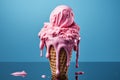 Pink ice cream cone in the process of melting against a serene blue background, evoking a sense of summery nostalgia. Ai generated