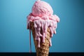 Pink ice cream cone in the process of melting against a serene blue background, evoking a sense of summery nostalgia. Ai generated