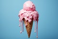 Pink ice cream cone in the process of melting against a serene blue background, evoking a sense of summery nostalgia. Ai generated