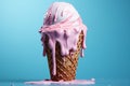 Pink ice cream cone in the process of melting against a serene blue background, evoking a sense of summery nostalgia. Ai generated