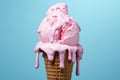 Pink ice cream cone in the process of melting against a serene blue background, evoking a sense of summery nostalgia. Ai generated