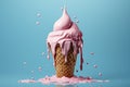 Pink ice cream cone in the process of melting against a serene blue background, evoking a sense of summery nostalgia. Ai generated