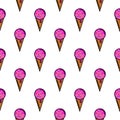 Pink ice cream cone seamless pattern on white background. Royalty Free Stock Photo