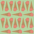 Pink ice cream cone seamless pattern. Vector illustration on pastel green background Royalty Free Stock Photo