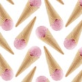 Pink ice cream in crisp waffle cones as seamless decorative pattern isolated on pink color, summer food background.