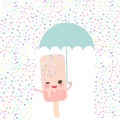 Pink ice cream, ice lolly holding an umbrella. Kawaii with pink cheeks and winking eyes, pastel colors on white sprinkles rain bac