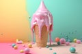 Pink ice cream melting and spilling from the waffle cone on colorful background.