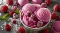 Pink ice cream with raspberries and mint in a bowl. Royalty Free Stock Photo