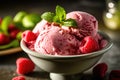 pink ice cream, raspberries and a sprig of mint in an ice cream bowl on a wooden table - Generative AI Royalty Free Stock Photo