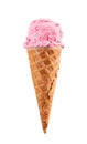 Pink ice cream with strawberries or cherries or raspberries in a waffle cone isolated on white Royalty Free Stock Photo