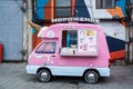 Pink ice cream van for fair trade in Sevkabel Port in St Petersburg