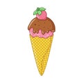 Pink ice cream in a waffle cone with chocolate glaze and strawberry. Bright summer sweet food. Delicious frozen dessert