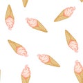 Pink ice cream in waffle cone seamless pattern. Cute cartoon style hand drawn background texture tile Royalty Free Stock Photo